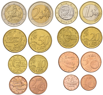 Греция евронабор из 8 монет 2010 1, 2, 5, 10, 20, 50 евроцентов, 1 и 2 евро KM NEW биметалл  UNC  4681-331-337