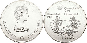 Канада 5 долларов 1974 XXI летние Олимпийские игры в Монреале 1976 года, Олимпийские кольца KM 89 серебро UNC 02-251-56