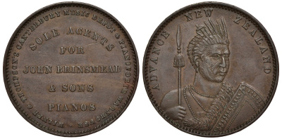 Новая Зеландия 1 пенс 1857-1881 абориген с копьем, Мильнер и Томпсон KM Tn 53 бронза aUNC 00-808-69