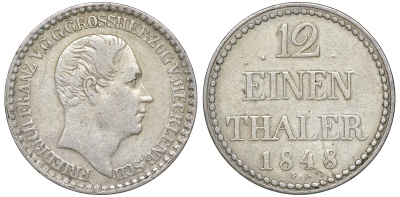 Мекленбург-Шверин 1/12 талера 1848 A, Фридрих Франц II (1842-1883) KM 302 серебро 1523-1022