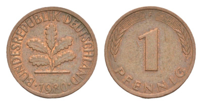 ФРГ 1 пфенниг 1980 F KM 105, J.380 сталь плакированная медью 4630-869