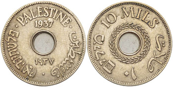 Израиль, Палестина 10 милсов 1937 Британская администрация, редкий год KM 4 медно-никель 4185-1225
