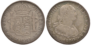 Мексика 4 реала 1800 FM, монетный двор (Мехико Сити), Карл IV Испанский (1788-1808), красивая золотистая патина KM 100 серебро 00-000-00