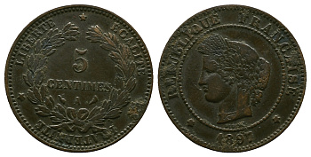 ФРАНЦИЯ 5 САНТИМОВ 1897 A, ТРЕТЬЯ РЕСПУБЛИКА (1871-1940) KM 821.1, LE FRANC 118.41 бронза 261-936