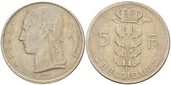 БЕЛЬГИЯ 5 ФРАНКОВ 1963 BELGIQUE, БОДУЭН I (1951-1993) KM 134.1 медно-никель 202-1236