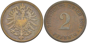 ГЕРМАНИЯ 2 ПФЕННИГА 1875 H, СТАРОГЕРБОВКА KM 2, J. 2, Weege 3 медь 212-532