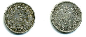 ГЕРМАНИЯ 1/2 МАРКИ 1907 серебро 37-212