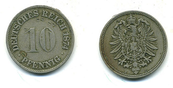 ГЕРМАНИЯ 10 ПФЕННИГОВ 1874 С, СТАРОГЕРБОВКА, KM 4, J. 4 медно-никель 54-447