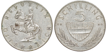 Австрия 5 шиллингов 1960 KM 2889 серебро 4178-551