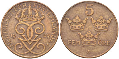 Швеция 5 эре 1929 Густав V (1907-1950) KM 779.2 бронза 115-845