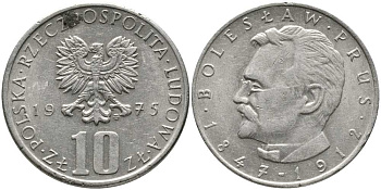 Польша 10 злотых 1975 MW, Болеслав Прус KM 73, Parchimowicz 242a медно-никель 110-831