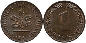 ФРГ 1 пфенниг 1967 D KM 105, J.380 сталь плакированная медью 99-263