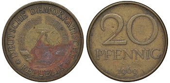 ГДР 20 пфеннигов 1969 А, первый год KM 11 латунь 62-1157