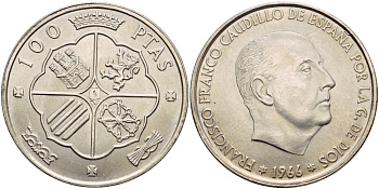 Испания 100 песет 1966 (67) Франсиско Франко (1939-1975) KM 797 серебро 02-263-44