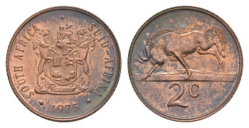 ЮАР 2 цента 1975 герб, антилопа гну KM 83 бронза UNC 4546-637