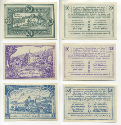 АВСТРИЯ НАБОР ИЗ 3 БАНКНОТ 1920 3 ИЮНЯ 1920, НОТГЕЛЬД, 20, 30, 50 ГЕЛЛЕРОВ, OB. WEISSENBACH uber BERNHARDSCHLAG бумага XF 6278-50-3