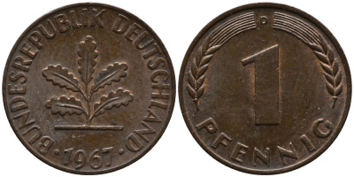 ФРГ 1 пфенниг 1967 D KM 105, J.380 сталь плакированная медью 99-263