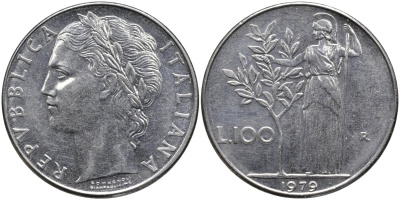 Италия 100 лир 1979 R, Афина в доспехах KM 96.1 нержавеющая сталь 4165-226