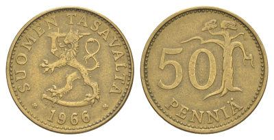 Финляндия 50 пенни 1966 KM 48 алюминиевая бронза 4648-445