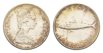 Канада 10 центов 1967 рыба, 100 лет Конфедерации Канада, Ссеребро 0.800, вес 2,3 гр, диаметр 18,3 мм KM 67 серебро 4639-616