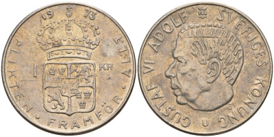 Швеция 1 крона 1973 U, Густав VI Адольф (1950-1973) KM 826a медь плакированный медно-никелем 4150-344