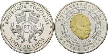 Того 1000 франков 2004 федеральный президент (1974-1979), Вальтер Шеель, позолота серебро PROOF 04-318-34