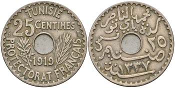 Тунис 25 сантимов 1919 АН1337, Мухаммад V ан-Насир, французский протекторат 1919 KM 244 никель бронза 4143-514