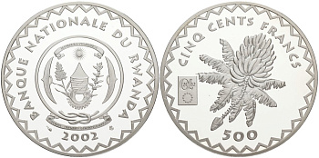 Руанда 500 франков 2002 цветок, тираж 500 экземпляров KM 30 серебро PROOF 00-000-00