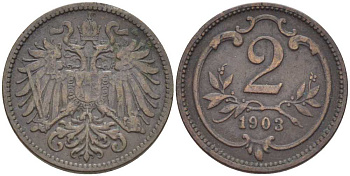 АВСТРИЯ 2 ГЕЛЛЕРА 1903 ФРАНЦ ИОСИФ (1846-1918) KM 2801 бронза 201-953