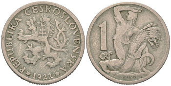 Чехословакия 1 крона 1922 женщина со снопом и серпом KM 4 медно-никель 190-744