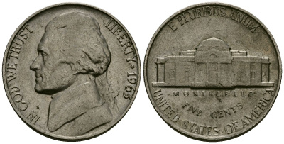 США 5 центов 1963 Джефферсон KM A192 медно-никель 4135-443