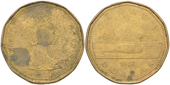 Канада 1 доллар 1987 утка, Елизавета II KM 157 никель плакированный алюминиевой бронзой 63-446