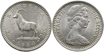 Британская Родезия 2 шиллинга 6 пенсов (25 центов) 1964 Елизавета II (1953-), черная антилопа KM 4 медно-никель 4527-1123