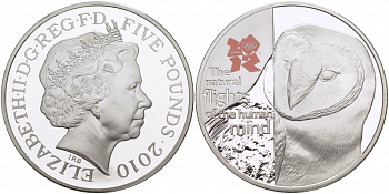 Великобритания 5 фунтов 2010 Елизавета II (1952-2022), XXX летние Олимпийские Игры в Лондоне в 2012, Британская фауна KM 1156, Spink LO46 серебро PROOF 1078-4-33