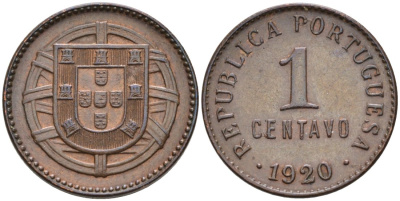 Португалия 1 сентаво 1920 KM 565 бронза 4567-428