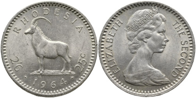 Британская Родезия 2 шиллинга 6 пенсов (25 центов) 1964 Елизавета II (1953-), черная антилопа KM 4 медно-никель 4527-1123