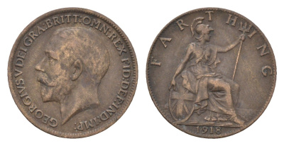 Великобритания 1 фартинг 1918 Георг V (1910-1936) KM 808.1, Spink 4059 бронза 4664-246