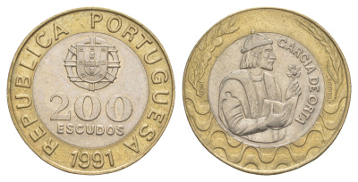 Португалия 200 эскудо 1991 Гарсия Де Орта (1501-1568) KM 655 биметалл UNC 4566-332