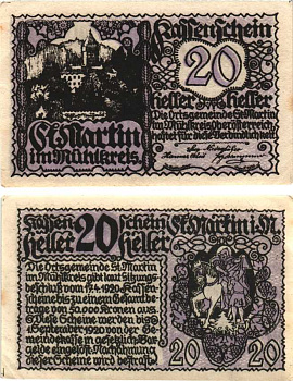 АВСТРИЯ 20 ГЕЛЛЕРОВ 1920 НОТГЕЛЬД, 17 АПРЕЛЯ 1920 - 1 СЕНТЯБРЯ 1920, СВЯТОЙ МАРТИН ИСПОВЕДНИК бумага 8608-4-3-2