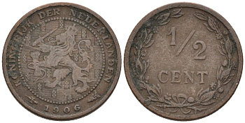 Нидерланды 1/2 цента 1906 Вильгельмина (1890-1948) KM 133 бронза 4576-326