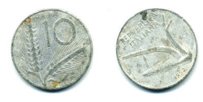 ИТАЛИЯ 10 ЛИР 1952 R ПЛУГ KM 93 алюминий 23-1315