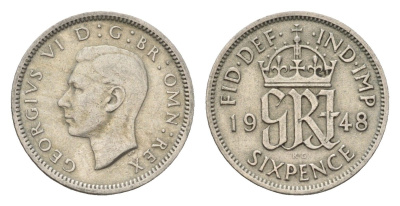 Великобритания 6 пенсов 1948 Георг VI (1936-1952) KM 862, Spink 4105 медно-никель 4674-849