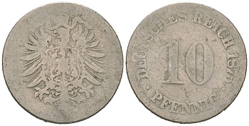 Германия 10 пфеннигов 1875 KM 4, J. 4 медно-никель 4613-121