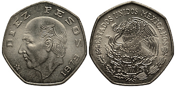 МЕКСИКА 10 ПЕСО 1979 МАНУЭЛЬ ХИДАЛЬГО КАСТИЛЬЯ KM 477.2 медно-никель XF-UNC 4394-1026
