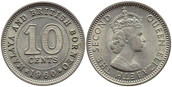 Малайя и Британское Борнео 10 центов 1960 Елизавета II (1952-2022) KM 2 медно-никель UNC 4392-1141
