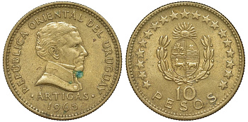 Уругвай 10 песо 1965 KM 48 алюминиевая бронза 4574-642