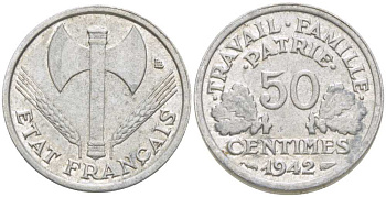 ФРАНЦИЯ 50 САНТИМОВ 1942 ТИП FRANCISQUE, LOURDE, ПРАВИТЕЛЬСТВО ВИШИ KM 914.1, LE FRANC 195.2 алюминий 201-859