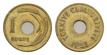 Турция 1 куруш 1951 KM 881 латунь 45-1114