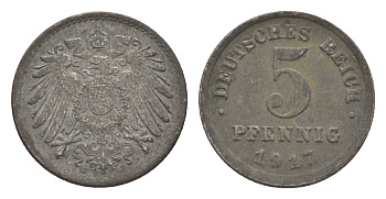 Германия 5 пфеннигов 1917 J, Вильгельм II (1888-1918) KM 19, J. 297, Weege 5 железо плакированное цинком 4640-161