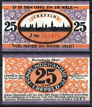 Крефельд (Пруссия, Рейн) 25 пфеннигов 1921 Mehl Grabowski 246.1a-1/2 бумага UNC (пресс) 7555-57-3-1